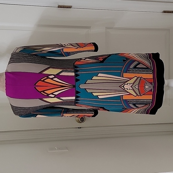 Etcetera, Size 2 Geometric / Art Deco Design 3/4 Sleeve Dress, Front Zipper, EUC - Picture 4 of 10